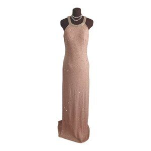 Adrianna Papell Halter Dress Pink Beaded Evening Gown Sleeveless STUNNING M